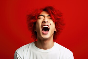A young man with red hair is captured in the midst of a powerful scream. This intense expression of emotion is perfect for illustrating frustration, anger, or excitement. Ideal for use in advertisemen