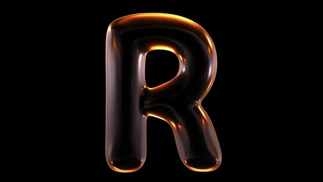 Animation of glowing alphabet letter r isolated on black background in 3d rendering.