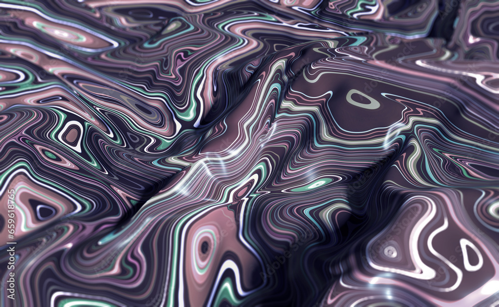 Poster 3D illustration for business presentation. Abstract floating form, waves and flowing rays. Chaos and Big Data Flow