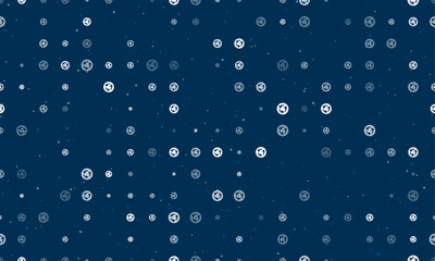 Seamless background pattern of evenly spaced white roundabout signs of different sizes and opacity. Vector illustration on dark blue background with stars