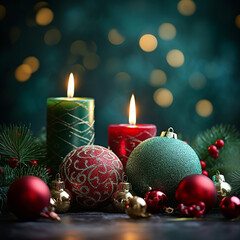 A background with green and red Christmas bubbles and candles in a festive atmosphere - 659618775