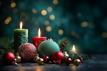 A background with green and red Christmas bubbles and candles in a festive atmosphere - 659618785