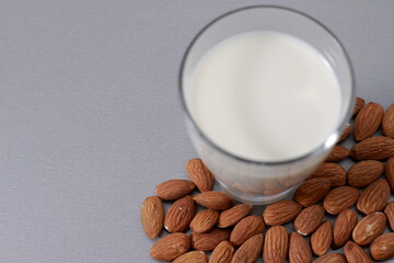 Almond milk with almond nuts on table no people stock image stock photo