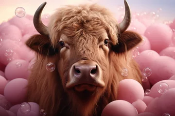 Foto op Canvas Humanised animals concept. funny character personage. humanized bull with soap bubbles on pink background. bath and taking care of yourself © Анна Мартьянова