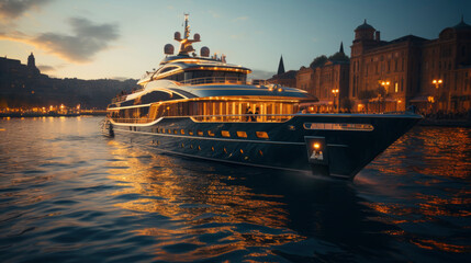  yacht on river in night city. luxury and expensive lifestyle.  Rest and relaxation concept. banner - obrazy, fototapety, plakaty