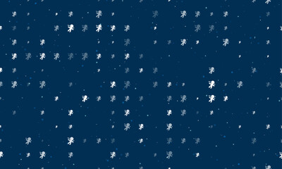 Seamless background pattern of evenly spaced white Voodoo Doll symbols of different sizes and opacity. Vector illustration on dark blue background with stars