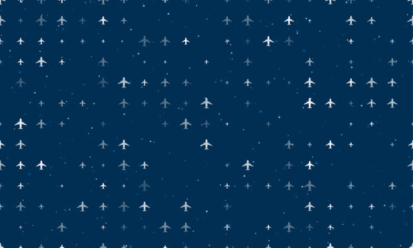 Seamless background pattern of evenly spaced white airplane symbols of different sizes and opacity. Vector illustration on dark blue background with stars