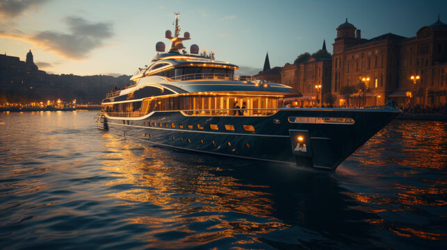  Yacht On River In Night City. Luxury And Expensive Lifestyle.  Rest And Relaxation Concept. Banner