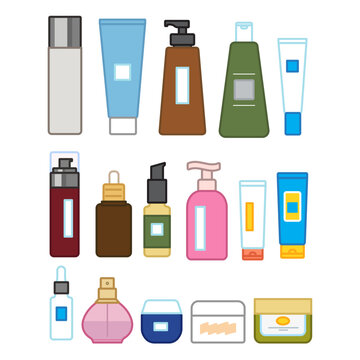 set of cosmetic products, Skincare products organic cosmetics, skincare routine icon set. perfume, organic cosmetics for skin in colorful bottles, tubes, sunscreen, shampoo, conditioner