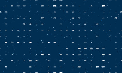 Seamless background pattern of evenly spaced white wild rhino symbols of different sizes and opacity. Vector illustration on dark blue background with stars