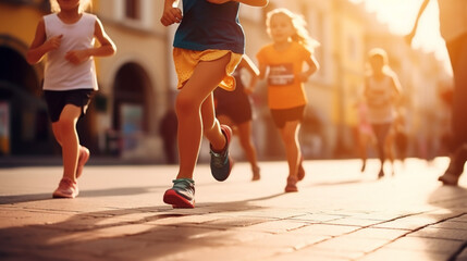 Running children, young athletes run in a kids run race,running on city road detail on legs,running...