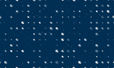 Seamless background pattern of evenly spaced white rhino head logos of different sizes and opacity. Vector illustration on dark blue background with stars