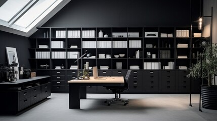 Monochromatic office space with innovative storage.