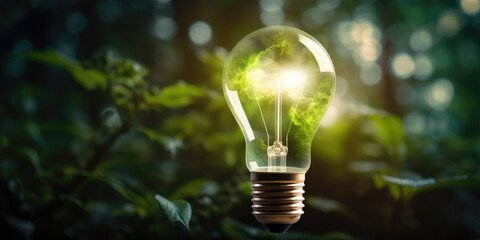 light bulb with green background in green environment - obrazy, fototapety, plakaty