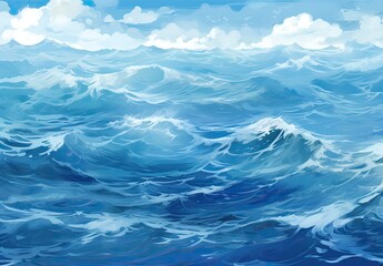 Blue abstract ocean seascape. Surface of the sea. Water waves in watercolor style. Nature background. Illustration for cover, card, postcard, interior design, decor or print.