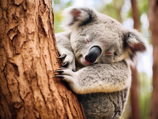 A koala peacefully dozing while hanging onto a eucalyptus tree in a relaxed position.