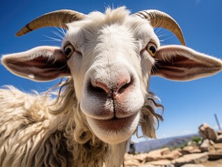 Close-up portrait of a goat. Detailed image of the muzzle. A domestic animal is looking at something. Illustration with distorted fisheye effect. Design for cover, card, postcard, decor or print.
