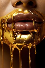 Golden paint dripping from beautiful woman's lips. Ai generative