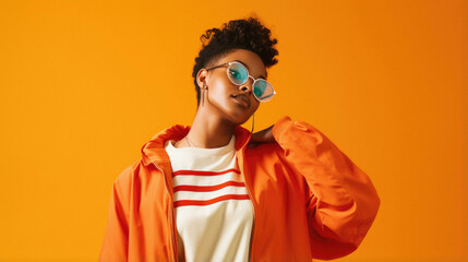 Portrait of a beautiful gen z afro woman in a orange jacket and sunglasses on a yellow background.