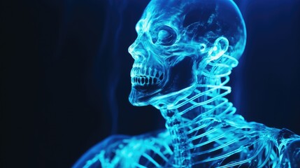 Close-up of a skeleton head. A frightening character for a horror story. An evil undead creature from another world. A dead creature.