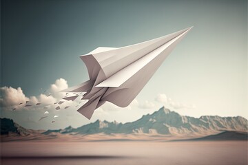 a paper airplane flying through the air with mountains in the background and clouds in the sky above it, with a blue sky and white cloud filled with white clouds, and a few white.