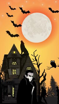 A vertical social media animation short video reel of Halloween, wolf is howling, vampire is standing outside the scary house, bats are in the air and zombies are moving around.