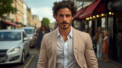 A stylish urban scene showcasing a confident man with a well-maintained head of curly hair, walking through the city streets