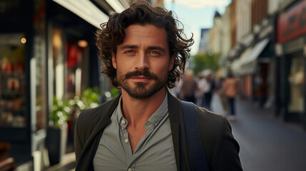 Obraz premium A stylish urban scene showcasing a confident man with a well-maintained head of curly hair, walking through the city streets