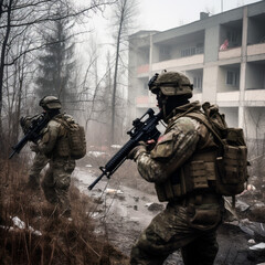 Fototapeta premium Modern soldiers, new weapons. Located in a war zone.