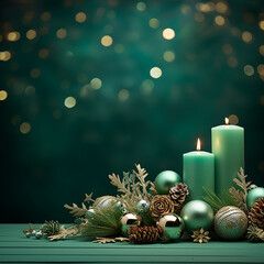 green and silver Christmas bubbles and candles in a festive atmosphere - 659619786