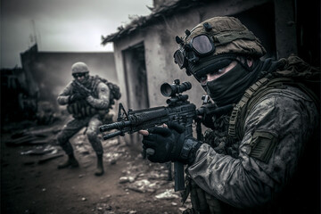 Fototapeta premium Modern soldiers, new weapons. Located in a war zone.