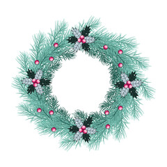 Fototapeta na wymiar Christmas wreath with fir branches and holly berries. Vector illustration.