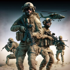 Fototapeta premium Modern soldiers, new weapons. Located in a war zone.
