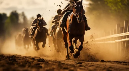 Tuinposter rider on the horse, horse riding in the stadium, horse racing in the desert, close-up of a horse rider, close-up of horse racing, horse in action © Gegham
