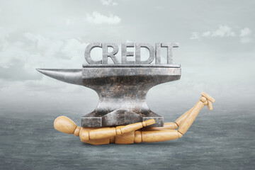 The puppet was crushed under an anvil with the text credit. Concept of financial obligations, tax burden, burden of responsibility, tax return, responsibilities, state tax. 3D illustration, 3D render. - obrazy, fototapety, plakaty