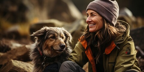Wellness cardio exercise. Happy elderly hikers with their pet in a forest.