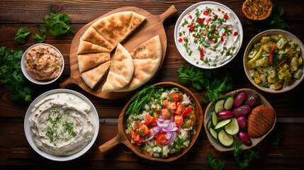 Selection of traditional greek food - salad, meze, pie, fish, tzatziki, dolma on wood background, top view