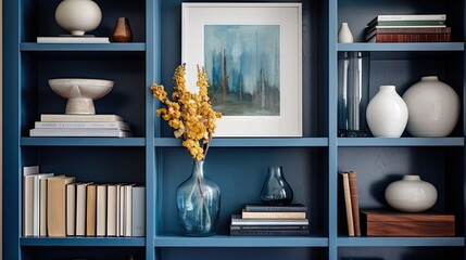  a blue bookcase with vases, books, and a painting.  generative ai