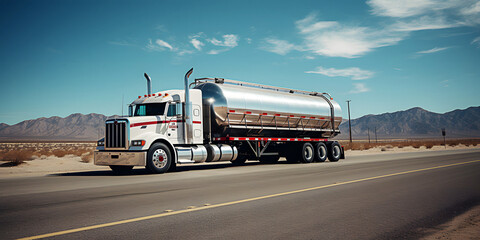 Big fuel truck with metal tanker delivering fuel on highway road