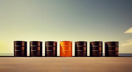 Fotobehang Oil crude petroleum fuel barrels standing in row on sand outdoor. Petrol industry concept. © Bonsales
