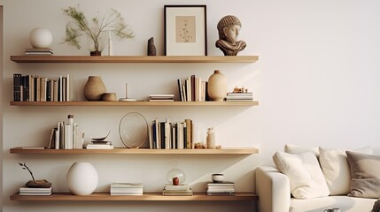 Fototapeta na wymiar a living room with a white couch and a book shelf. generative ai
