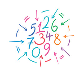 hand drawn colorful 0-9 numbers. scribble numbers and arrow signs