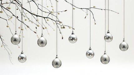  a bunch of ornaments hanging from a tree branch with no leaves.  generative ai