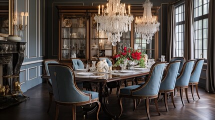 Once more, picture an elegant dining room with a crystal chandelier and velvet chairs.