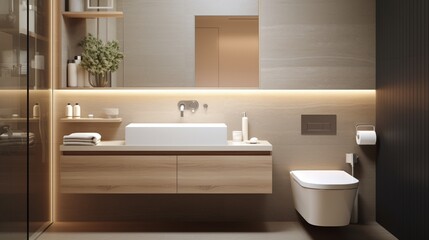 Opt for simplicity in a minimalist washroom with a wall-mounted toilet and clever hidden storage solutions.