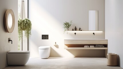 Opt for simplicity in a minimalist washroom with a wall-mounted toilet and clever hidden storage solutions. - obrazy, fototapety, plakaty