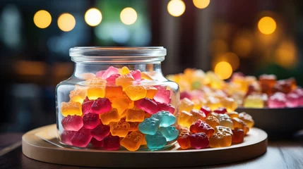 Fotobehang  a glass jar filled with gummy bears sitting on top of a table.  generative ai © Anna