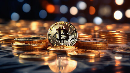 Bitcoin in the form of gold coins, beautiful lighting.