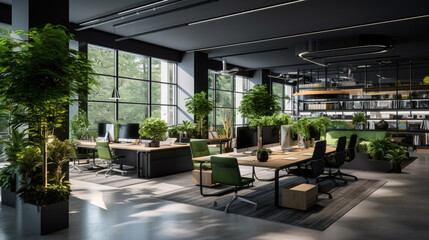 spacious open space office with modern furniture, office chairs, work desks, green natural plants and led lighting, workspace organization concept
