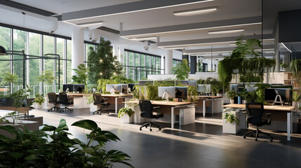 spacious open space office with modern furniture, office chairs, work desks, green natural plants and led lighting, workspace organization concept
